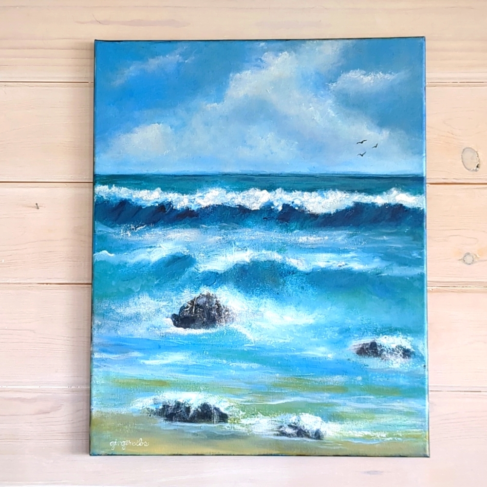 New Original Acrylic Painting Seascape Rough Surf & Rocks Artist Signed Canvas